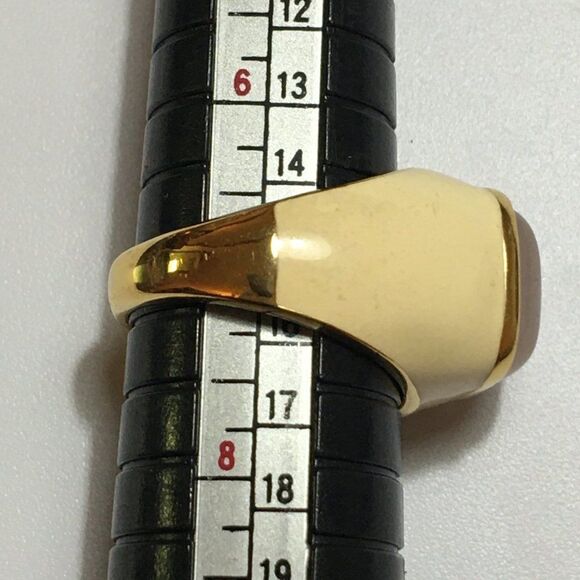 Vintage Rose Quartz Ring Gold Tone Cream Enamel Wide Band Size 7 - Picture 2 of 12